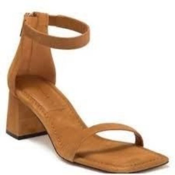 Good American Amber Tan Suede Square Toe Strappy Zippered Block Heel Sandal 9 - Picture 1 of 7
